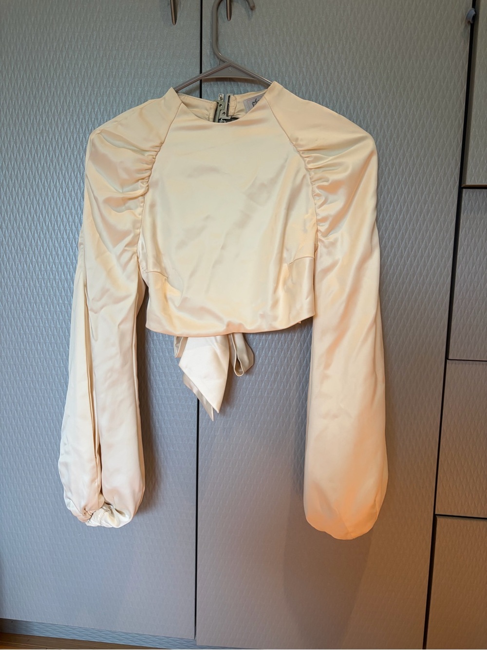 Oh Polly Cream Satin Long Sleeve Crop Top with Tie Back